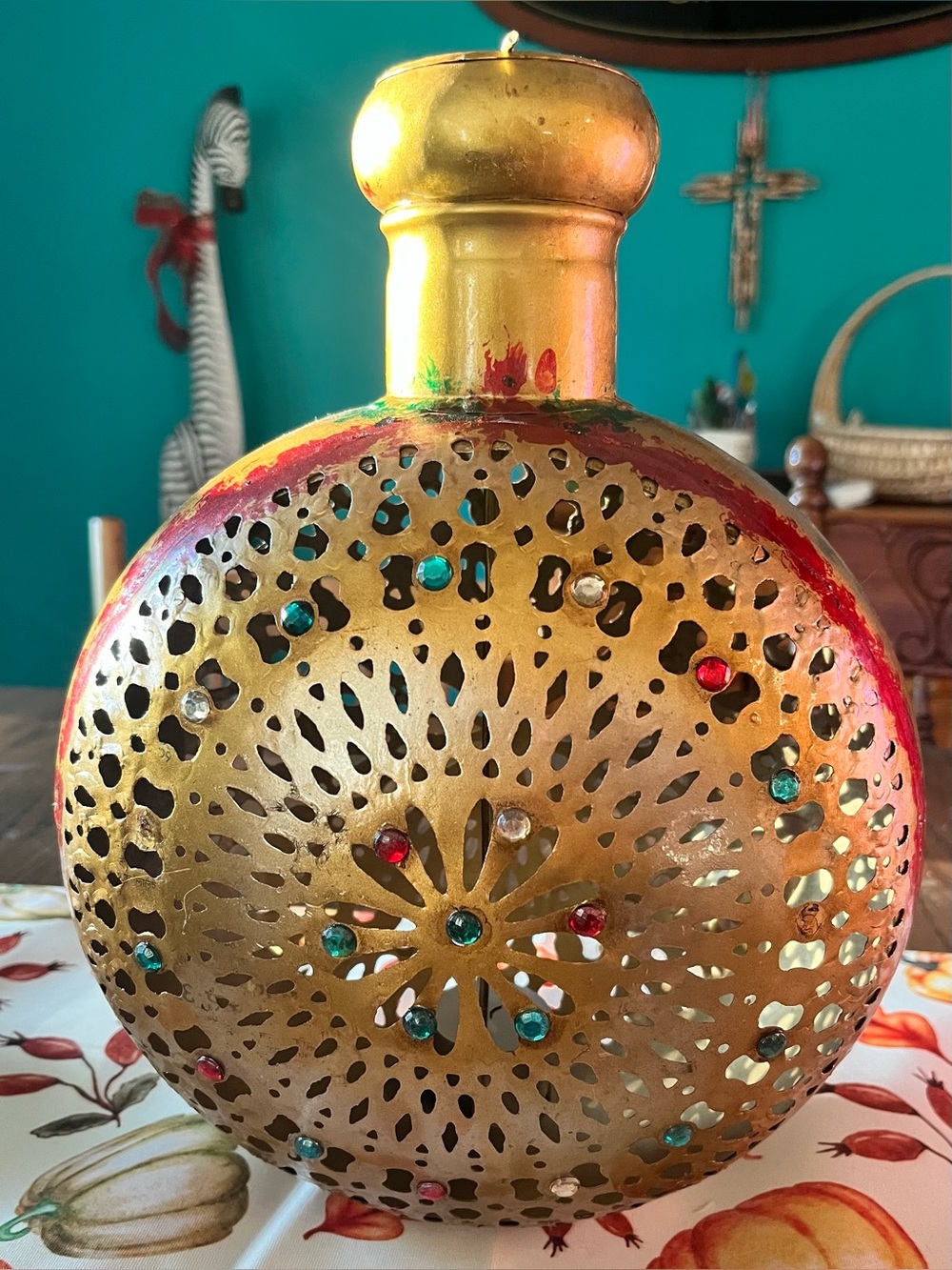 Handcrafted Gold Decorative Tea Light Lantern with Multicolor Accents